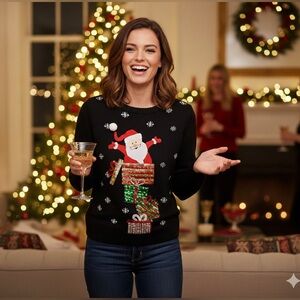 Karen Scott Womens Black Christmas sweater size Petite Medium, Christmas Party